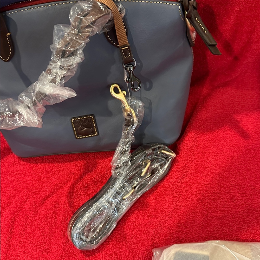Genuine Dooney & Bourke Leather Slate Blue Satchel with Brown Leather Accents - Picture 10 of 11